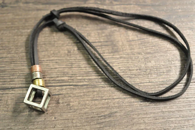 Adjustable Leather Cube Pendant Charm Necklace