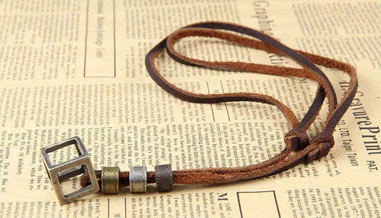 Adjustable Leather Cube Pendant Charm Necklace