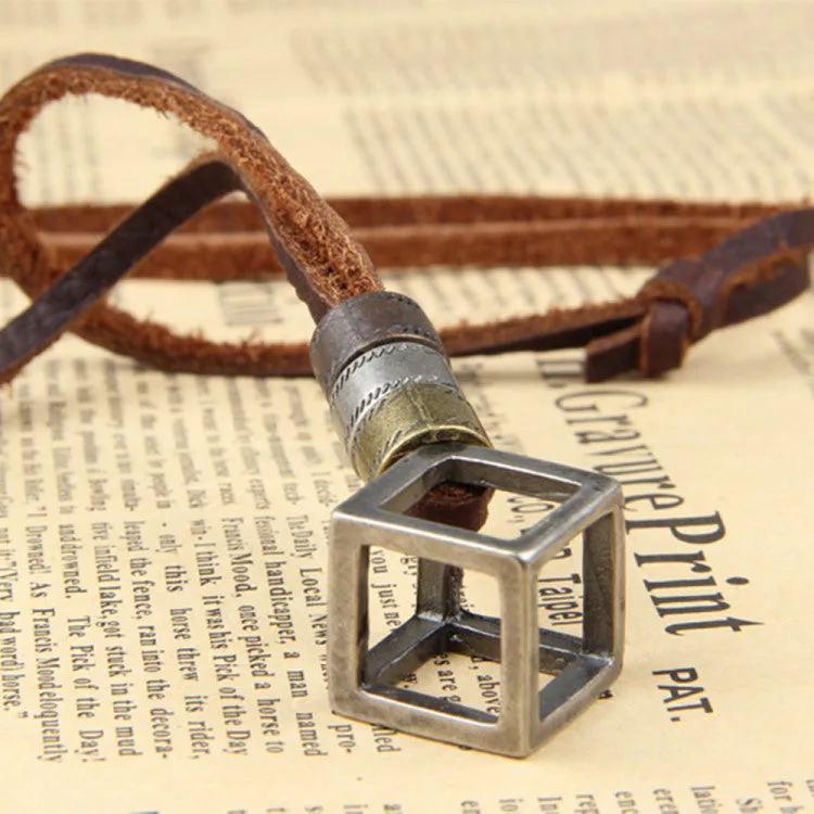 Adjustable Leather Cube Pendant Charm Necklace