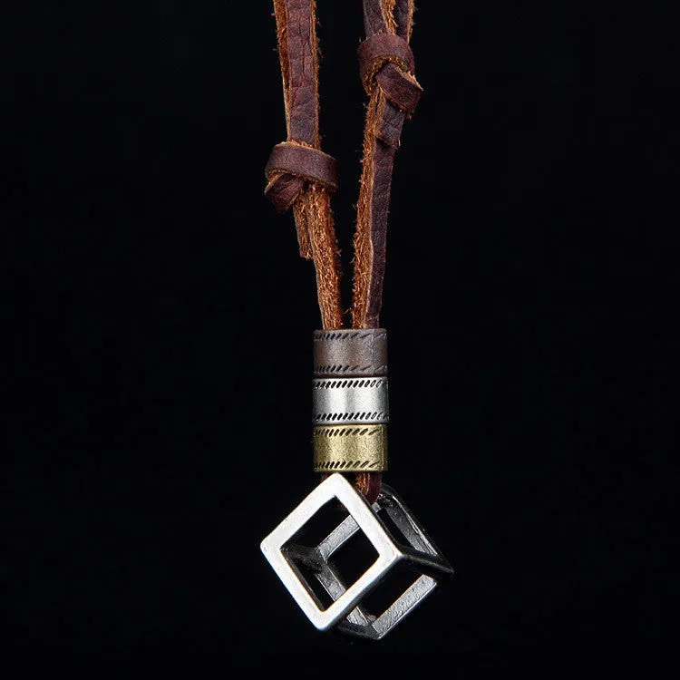 Adjustable Leather Cube Pendant Charm Necklace