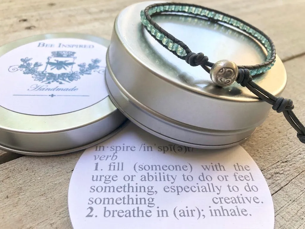 Aquamarine Water Lily Double Leather Wrap Bracelet