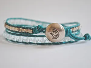 Aquamarine Water Lily Double Leather Wrap Bracelet