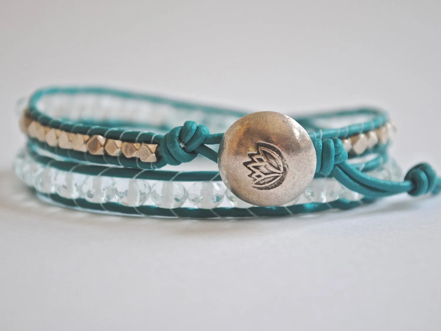 Aquamarine Water Lily Double Leather Wrap Bracelet