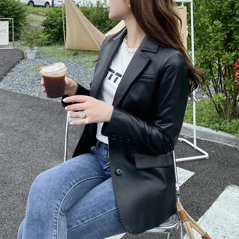 Autumn New Arrivals Women Real Leather Jackets Lady Sheepskin Blazer Classic Black Mid Length CL4023
