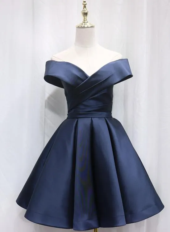 Beautiful Satin Off Shoulder Lace-up Knee Length Bridesmaid Dress , Short Homecoming Dress