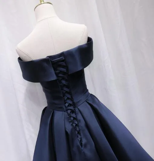Beautiful Satin Off Shoulder Lace-up Knee Length Bridesmaid Dress , Short Homecoming Dress