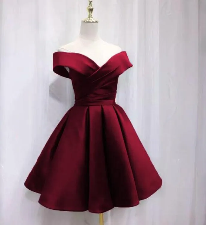 Beautiful Satin Off Shoulder Lace-up Knee Length Bridesmaid Dress , Short Homecoming Dress