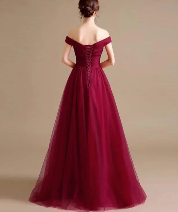 Beautiful Tulle Off Shoulder Party Dress, Lace-up Long Junior Prom Dress