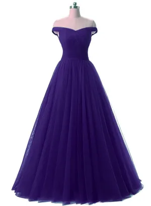 Beautiful Tulle Off Shoulder Party Dress, Lace-up Long Junior Prom Dress