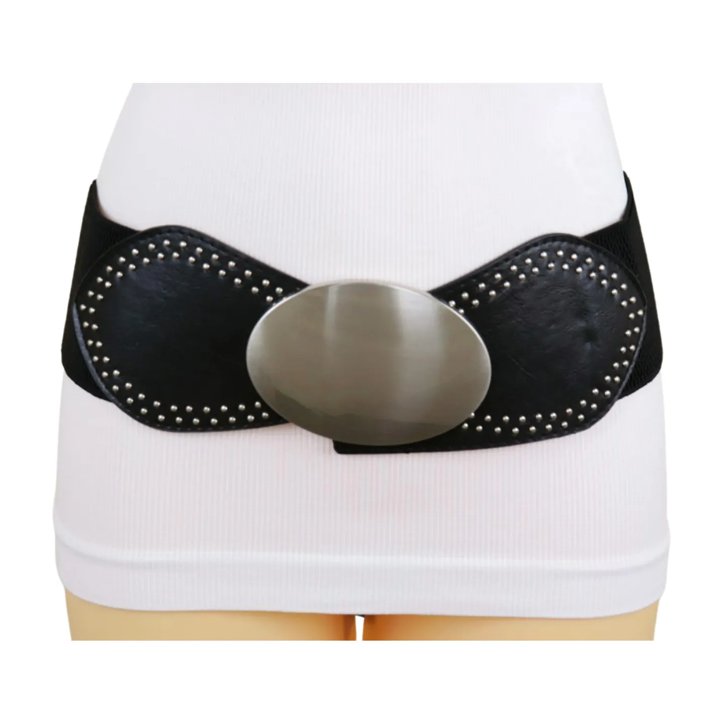 Black Faux Leather Elastic Belt Silver Studs Oval Buckle S M