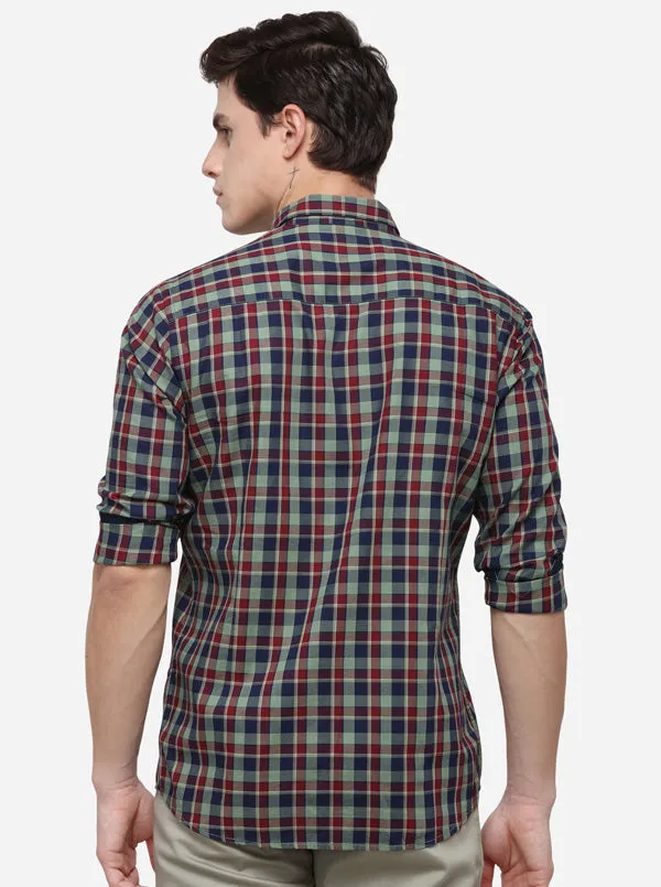 Blue & Green Tailored Fit Checked Casual Shirt | JadeBlue