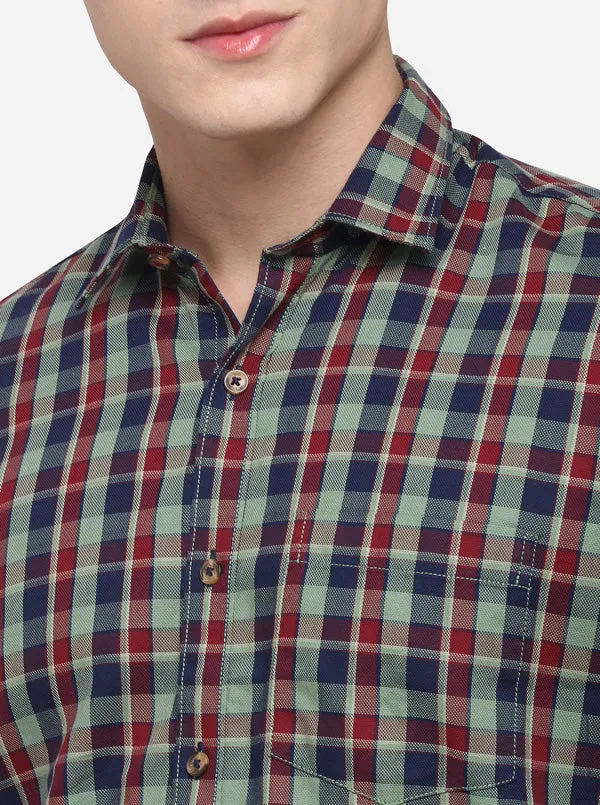 Blue & Green Tailored Fit Checked Casual Shirt | JadeBlue