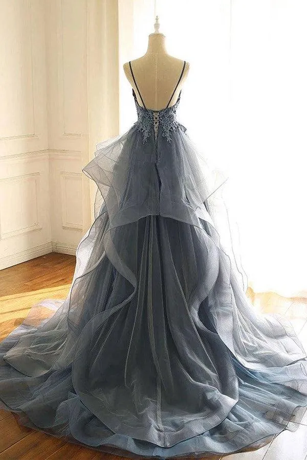 Blue Gray Lace V Neck Long Ruffles Prom Dress Organza Evening Dress TP0905