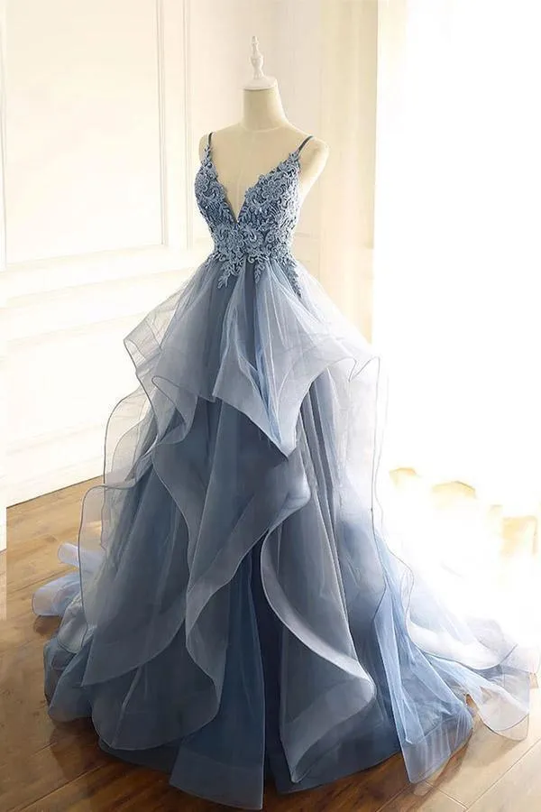 Blue Gray Lace V Neck Long Ruffles Prom Dress Organza Evening Dress TP0905