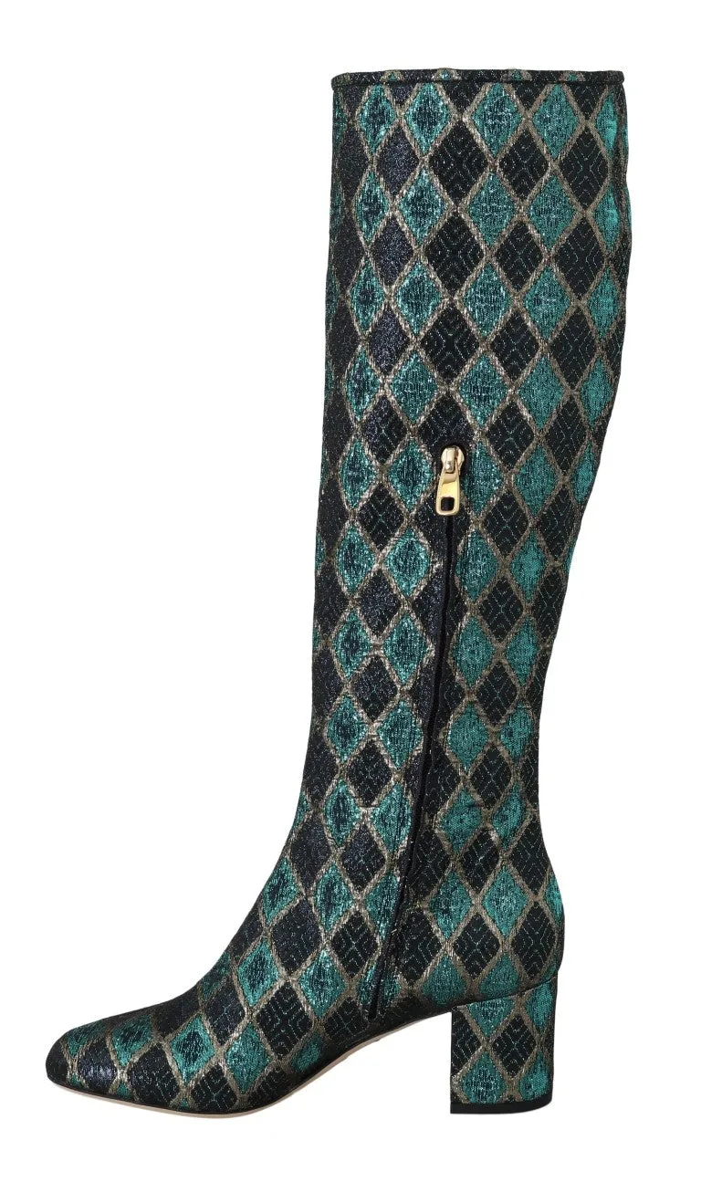 Blue Jacquard High Knee  Boots