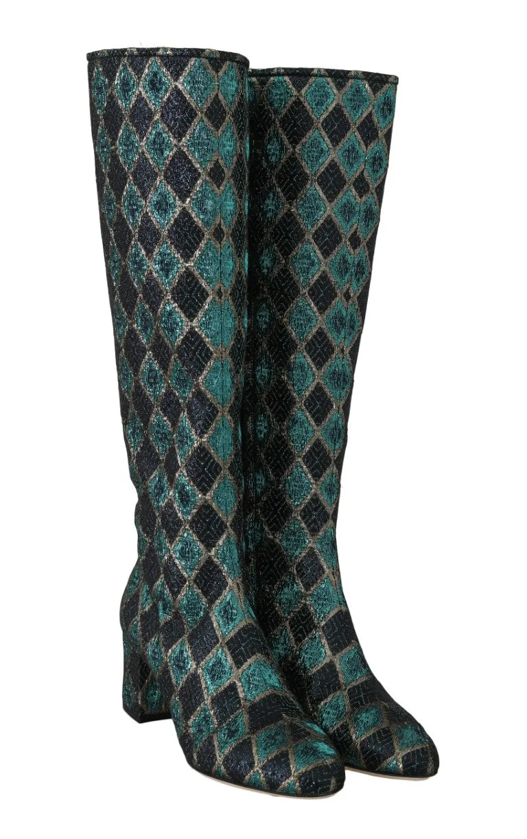 Blue Jacquard High Knee  Boots