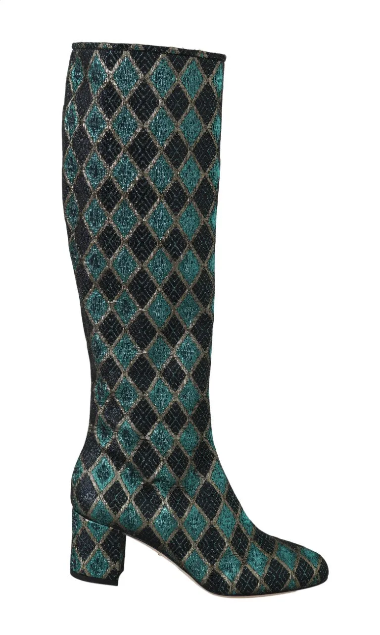 Blue Jacquard High Knee  Boots