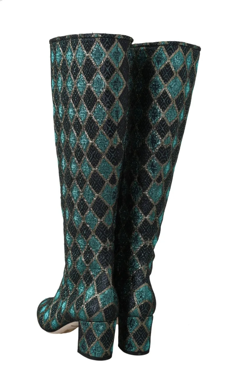 Blue Jacquard High Knee  Boots