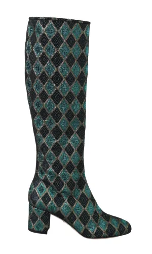 Blue Jacquard High Knee  Boots