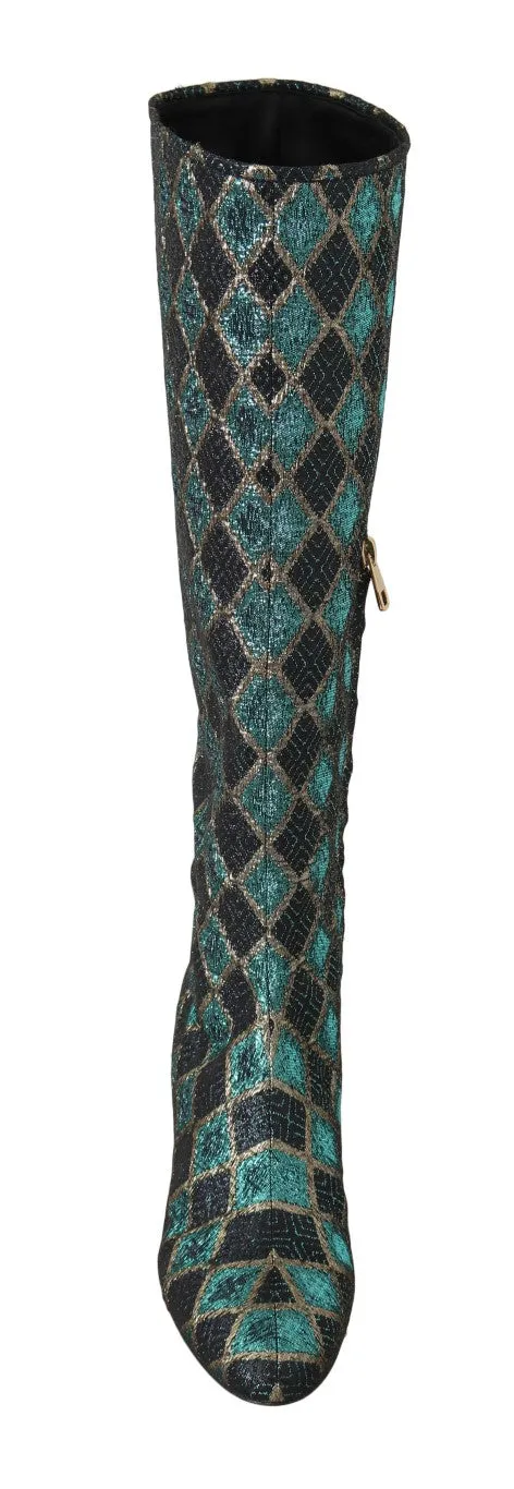 Blue Jacquard High Knee  Boots