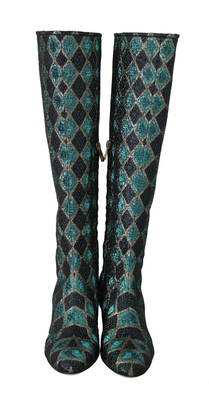Blue Jacquard High Knee  Boots