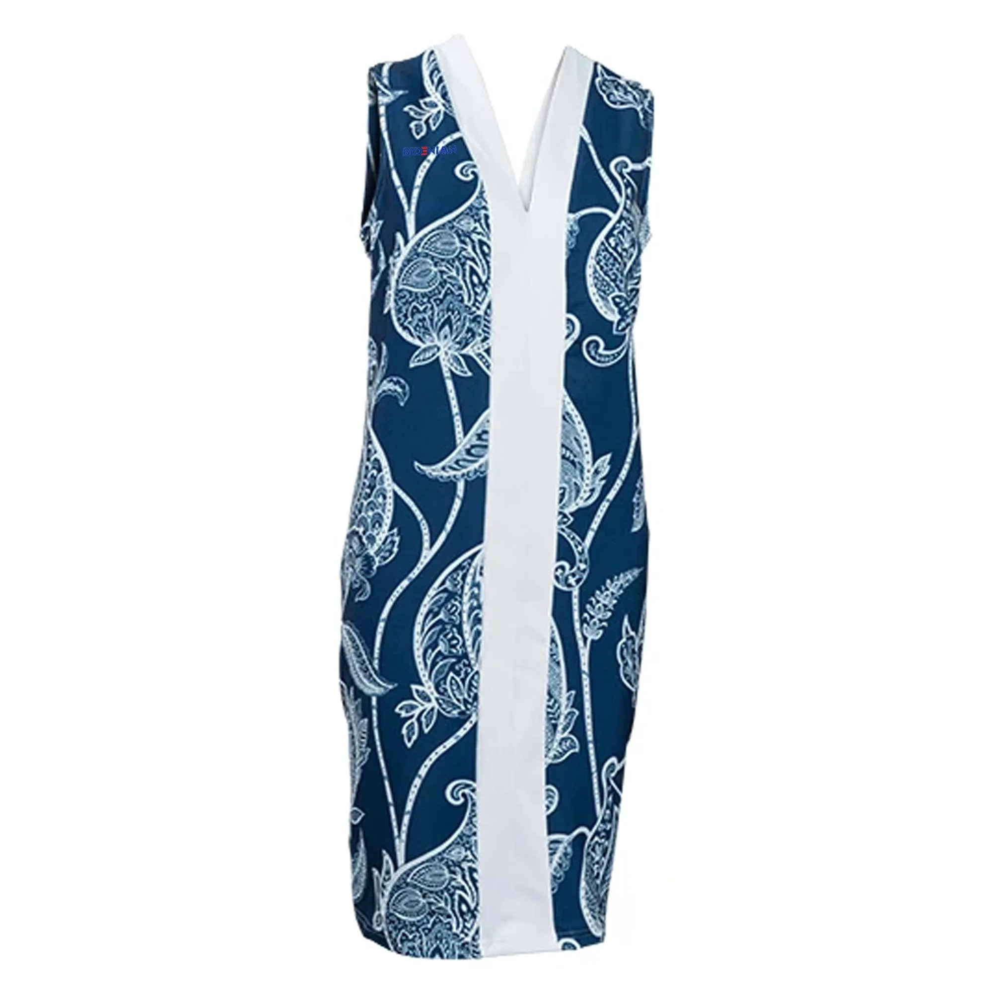 Body Contouring Sleeveless Long Polo Top - White & Blue