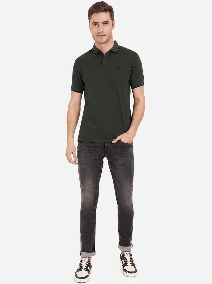 Bottle Green Solid Slim Fit Polo T-Shirt | Greenfibre
