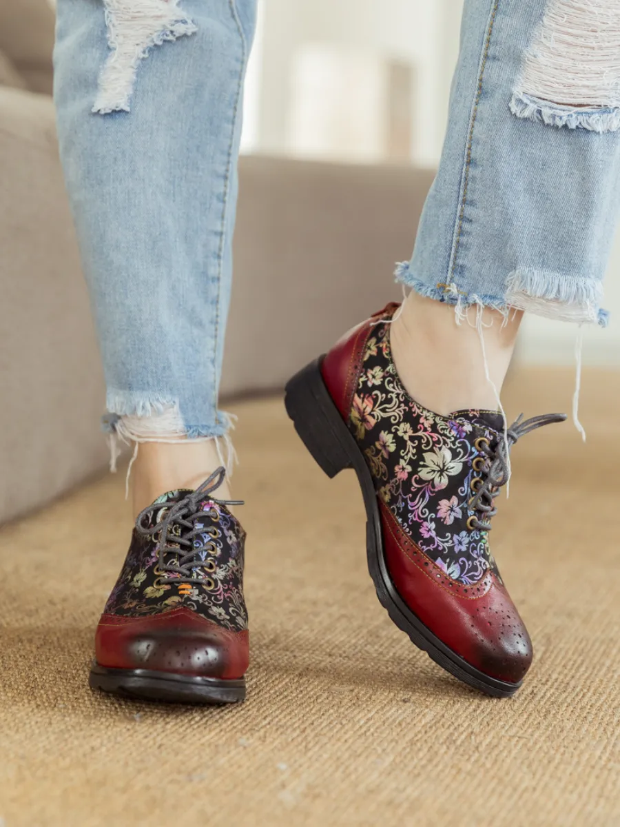 Brown Floral Print Leather Brogues Oxford