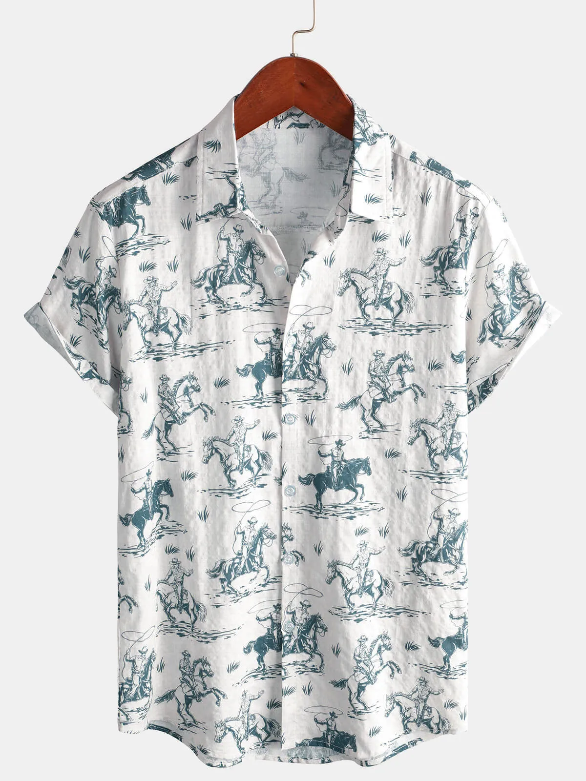 Bundle Of 2 | Men's Horse Print Cowboy Button Up Holiday Short Sleeve Shirts