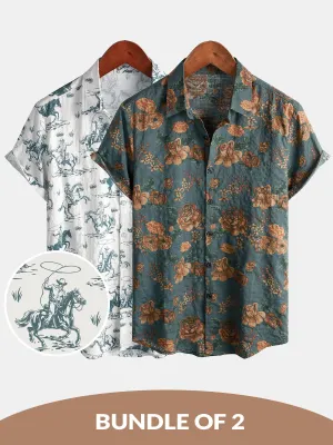Bundle Of 2 | Men's Horse Print Cowboy Button Up Holiday Short Sleeve Shirts