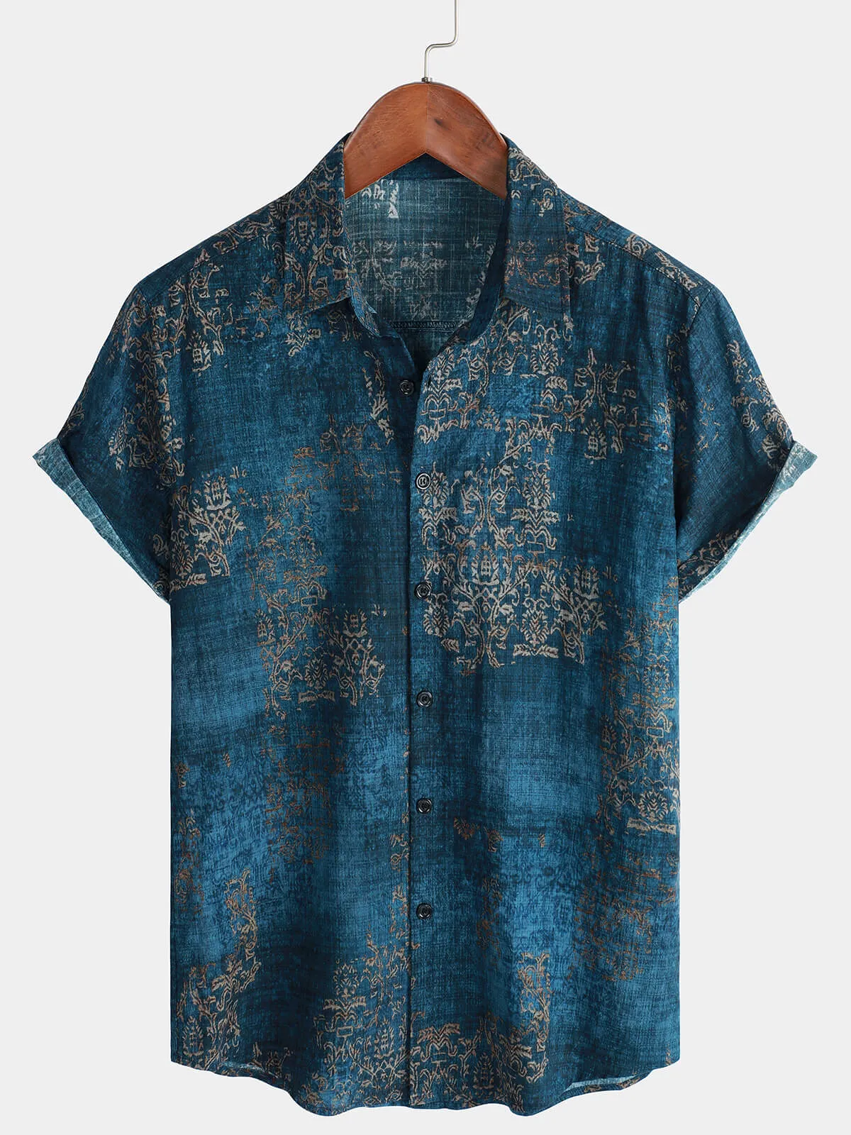 Bundle Of 2 | Men's Retro Print Cotton Button Up Vintage Holiday Short Sleeve Shirts