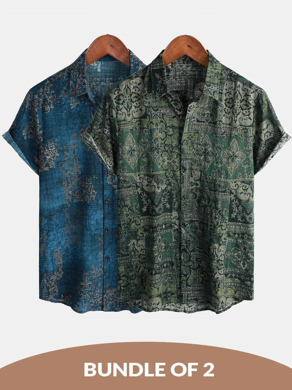 Bundle Of 2 | Men's Retro Print Cotton Button Up Vintage Holiday Short Sleeve Shirts