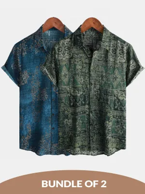 Bundle Of 2 | Men's Retro Print Cotton Button Up Vintage Holiday Short Sleeve Shirts