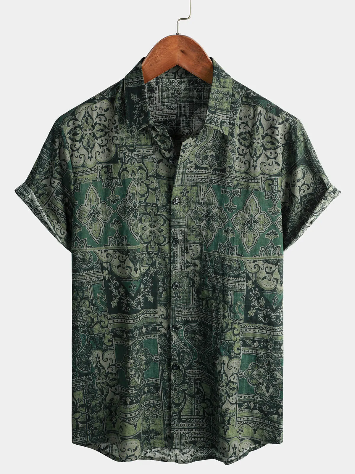 Bundle Of 2 | Men's Retro Print Cotton Button Up Vintage Holiday Short Sleeve Shirts