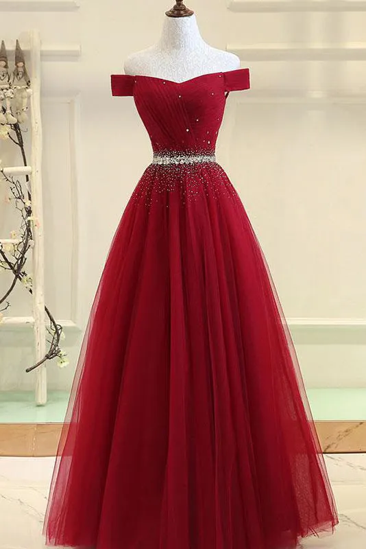 Burgundy A Line Off the Shoulder Beads Long Prom Dresses OKI52