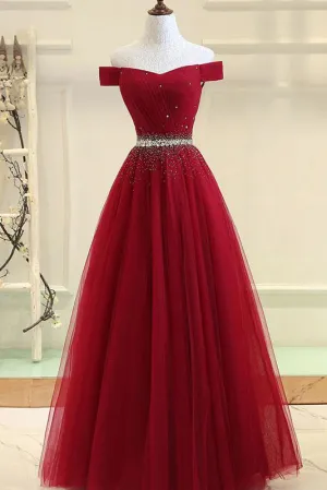 Burgundy A Line Off the Shoulder Beads Long Prom Dresses OKI52