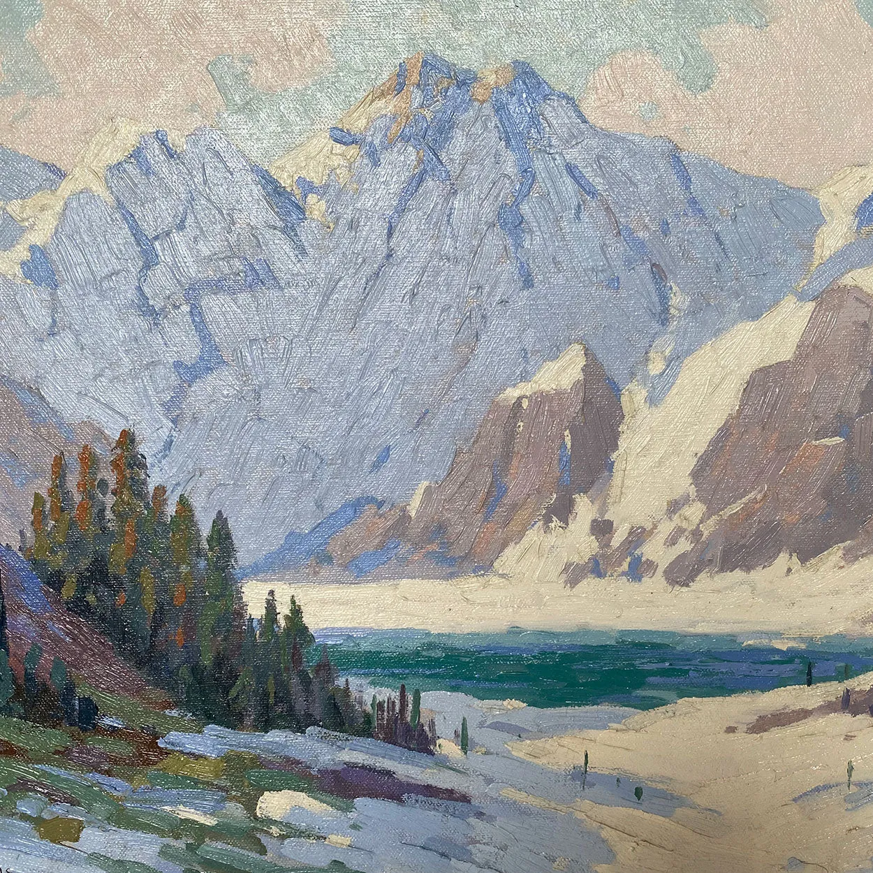 C. G. LEUCAS Oil on Canvas Painting, Snowy Winter Mountain Landscape