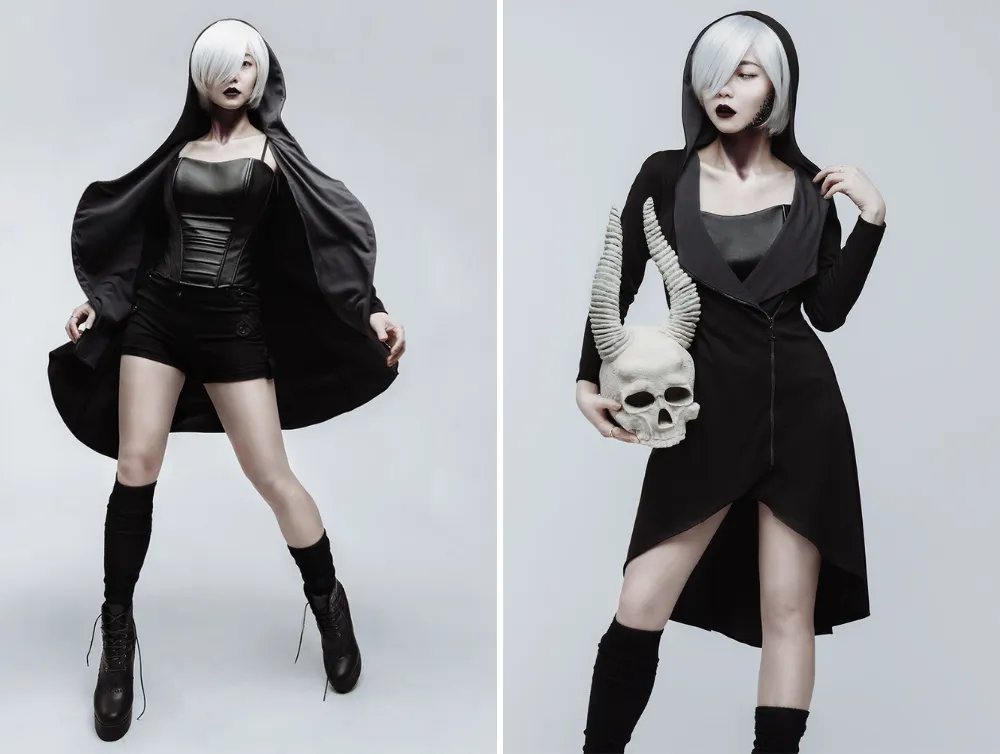 Casual gothic asymmetric black cotton jersey coat