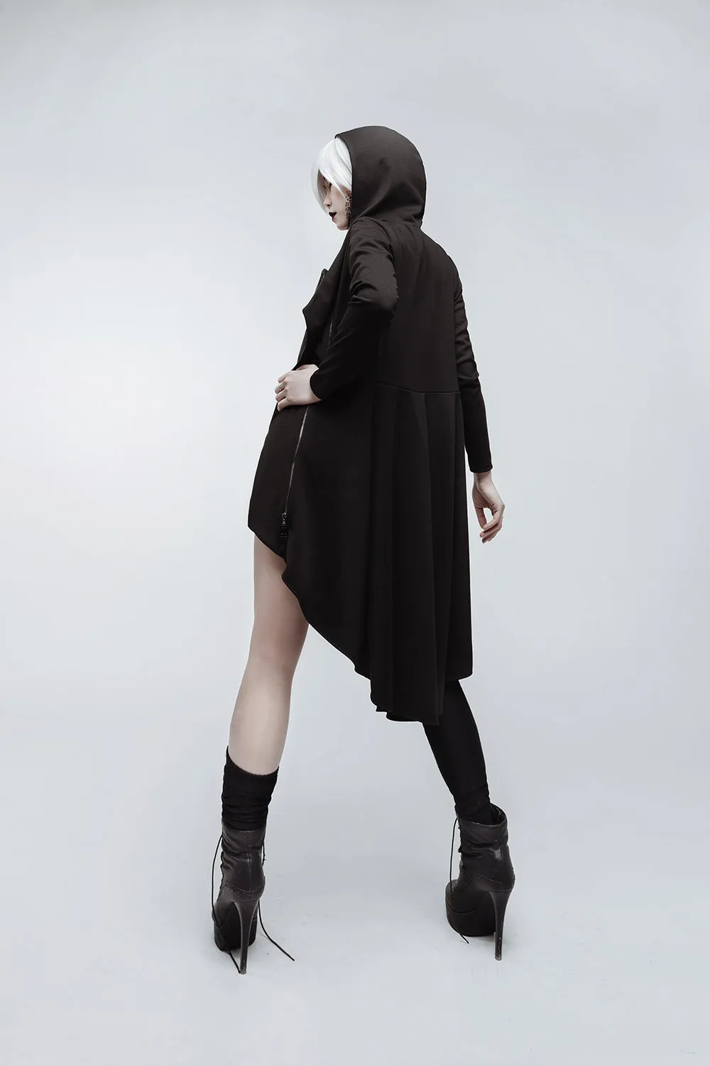 Casual gothic asymmetric black cotton jersey coat