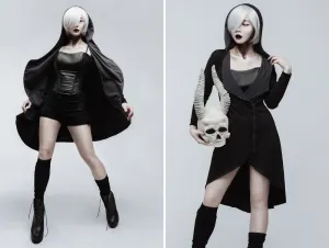 Casual gothic asymmetric black cotton jersey coat