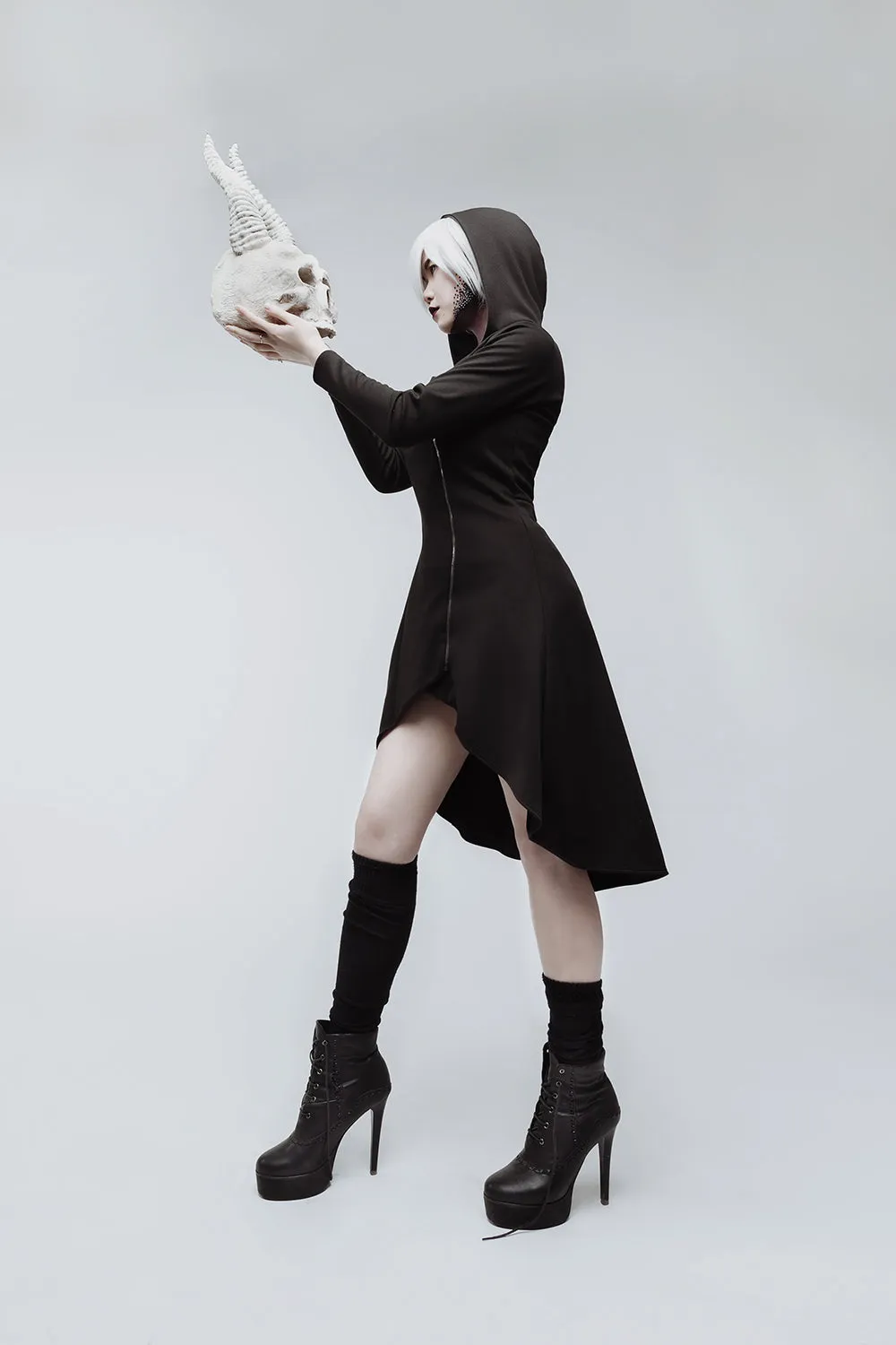 Casual gothic asymmetric black cotton jersey coat