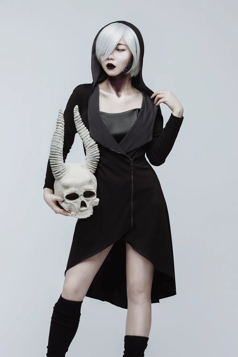 Casual gothic asymmetric black cotton jersey coat