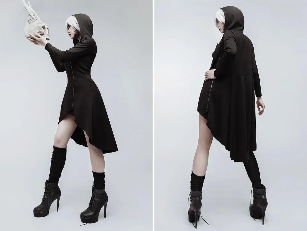 Casual gothic asymmetric black cotton jersey coat