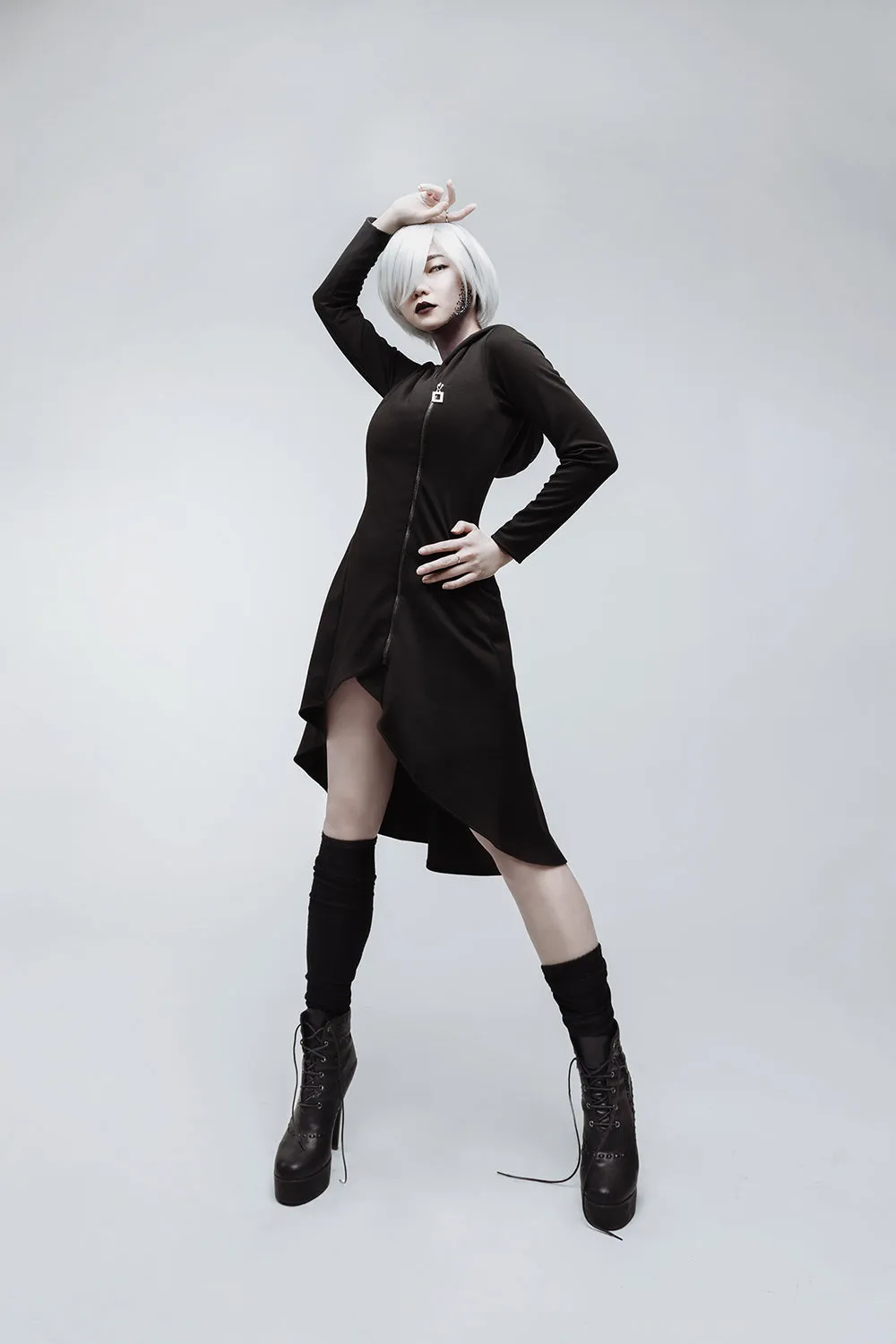 Casual gothic asymmetric black cotton jersey coat