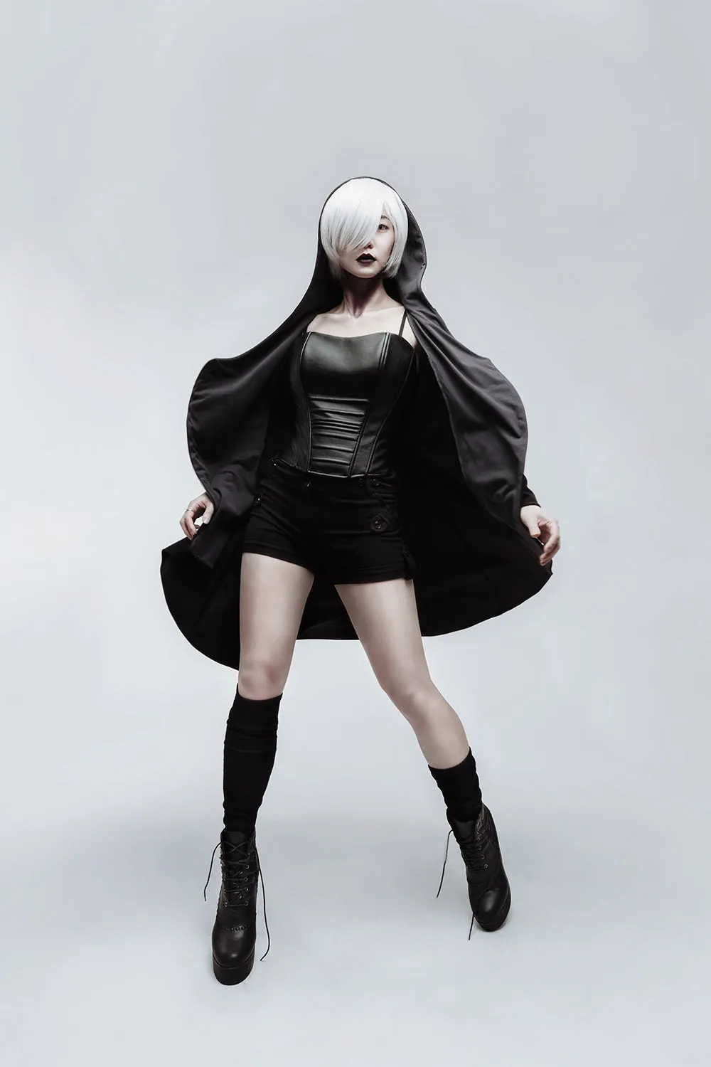 Casual gothic asymmetric black cotton jersey coat