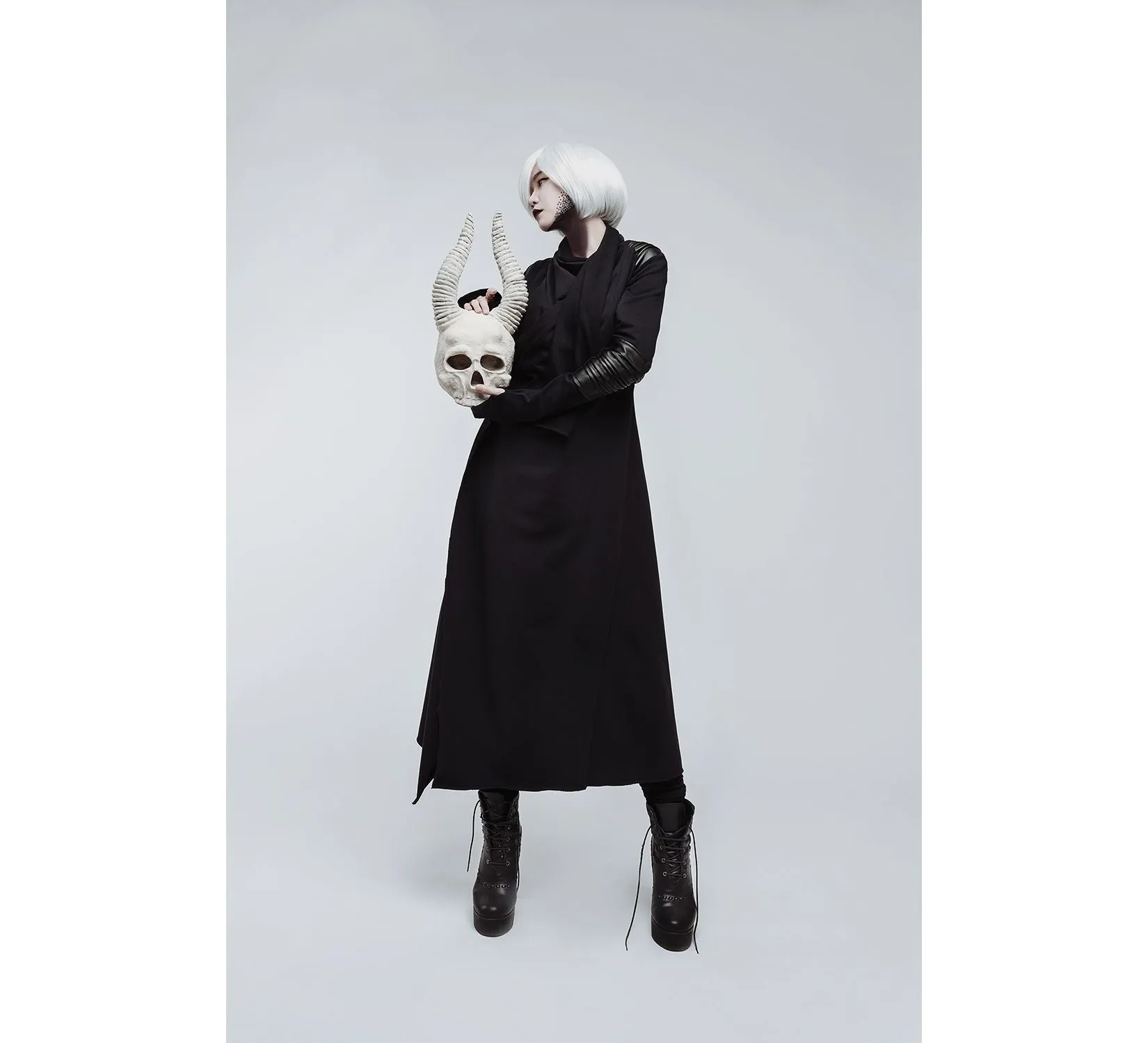 Casual gothic asymmetric black cotton jersey coat