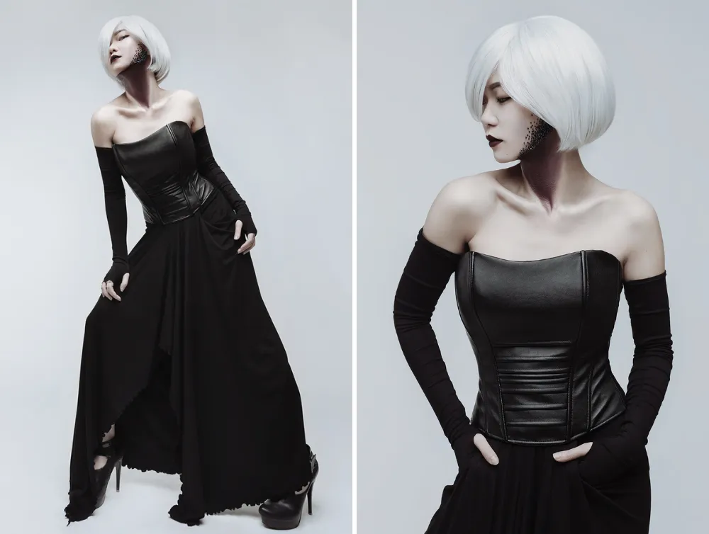 Casual gothic black long viscose skirt and leather corset