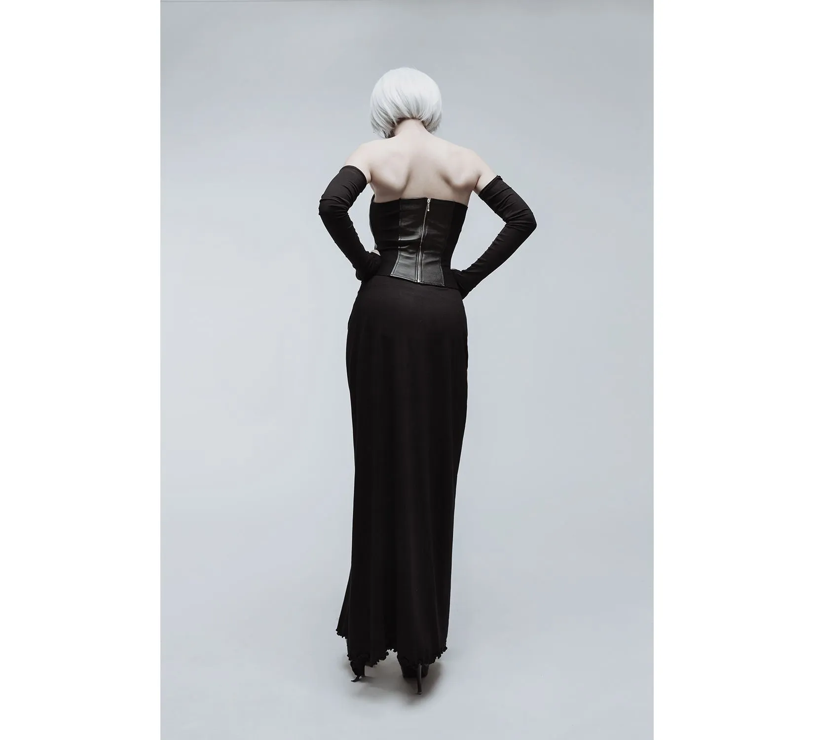Casual gothic black long viscose skirt and leather corset