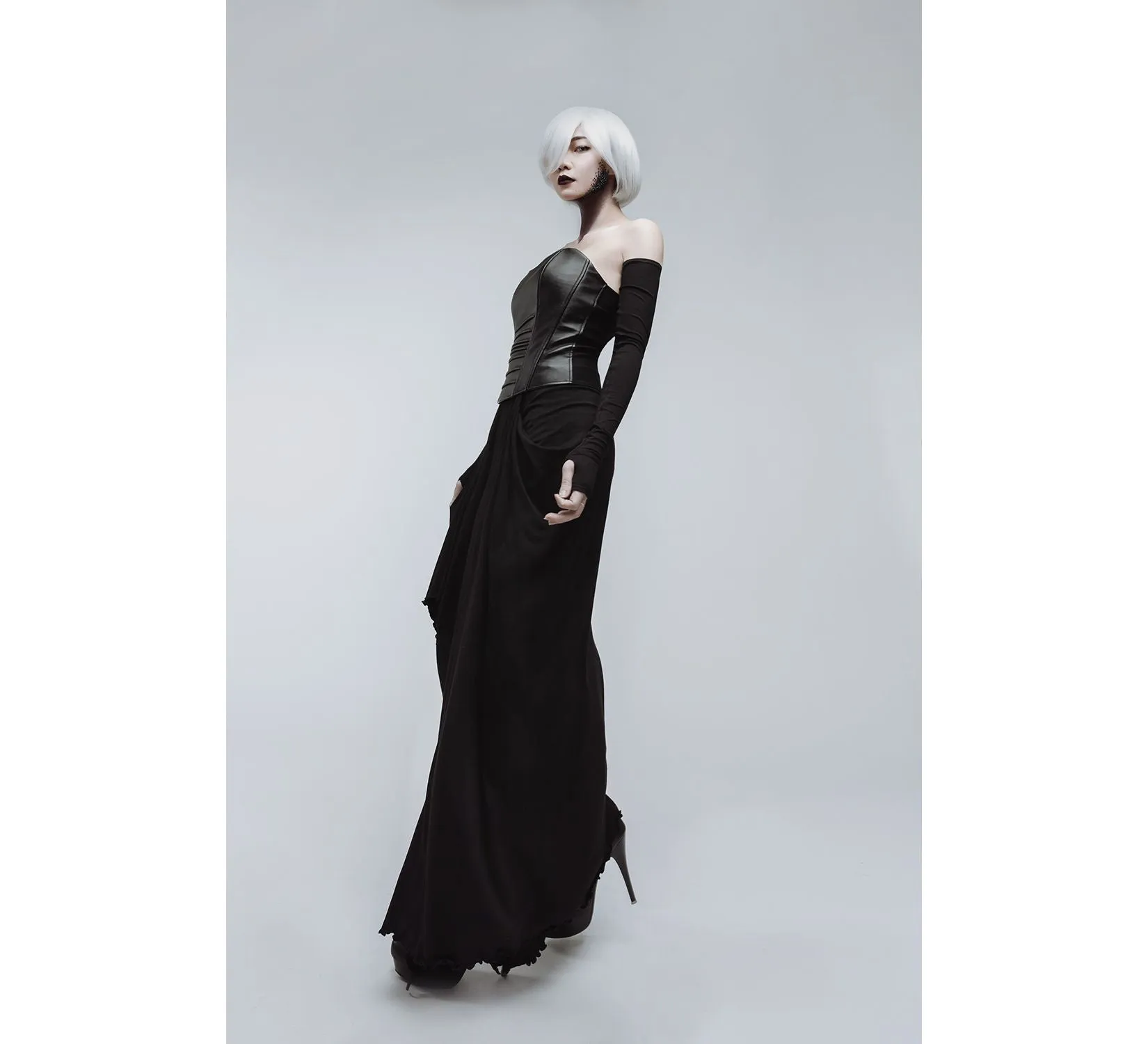 Casual gothic black long viscose skirt and leather corset
