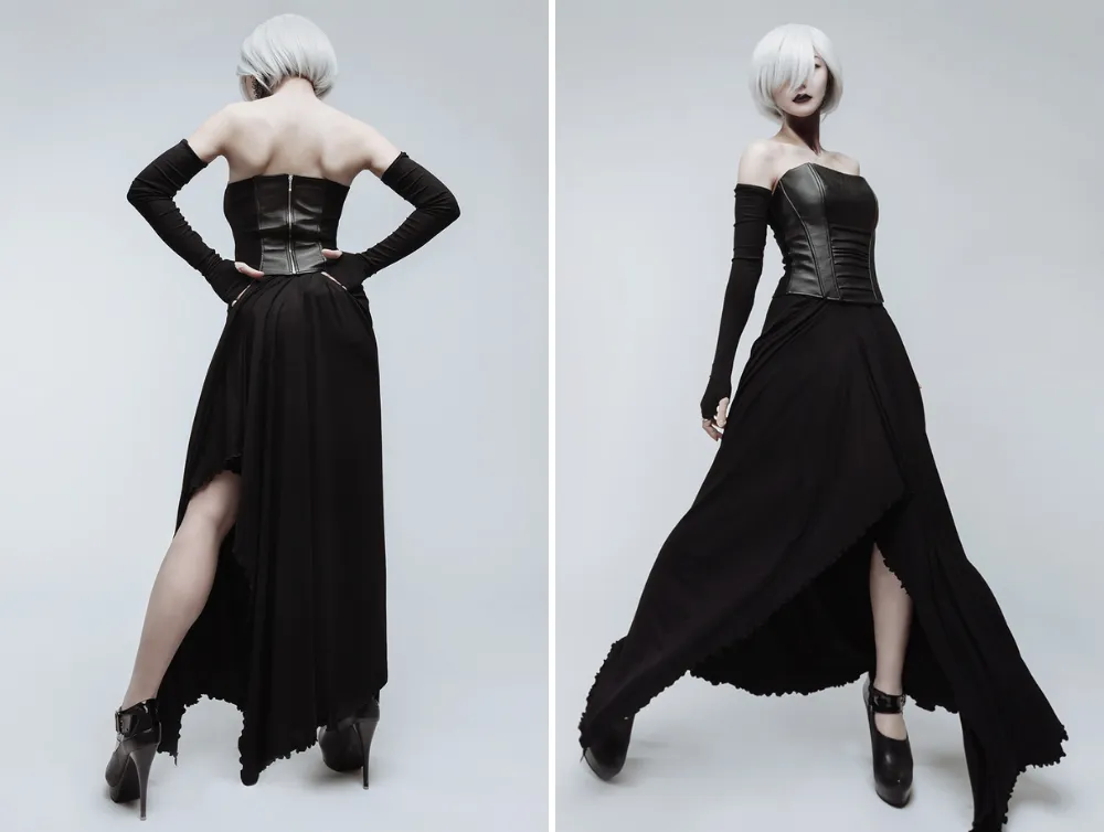 Casual gothic black long viscose skirt and leather corset